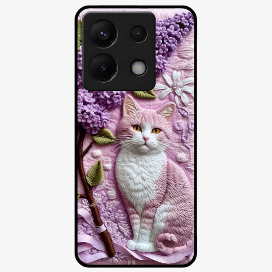 Lavender Cat Whimsy Glass Case showing flat back view with cute lavender cat artwork and glossy glass finish.