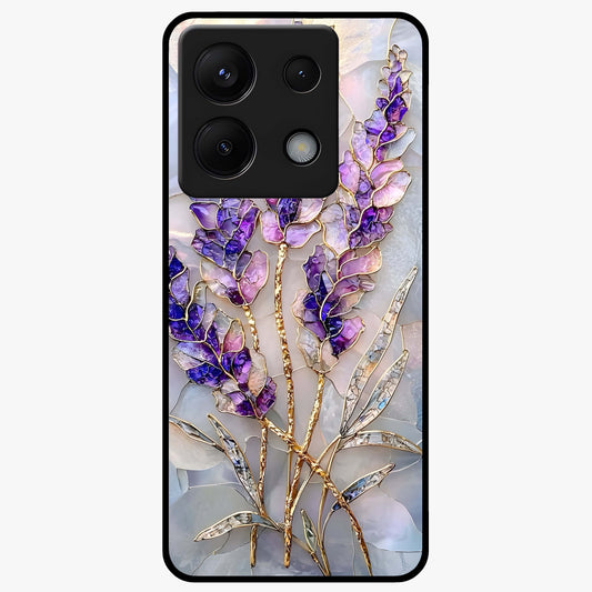Lavender Dream Glow Glass Case showing flat back view with glowing lavender aesthetic artwork and glossy glass finish.