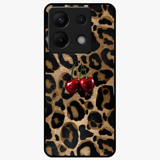 Leopard Wild Cherry Glass Case showing flat back view with leopard pattern and cherry artwork and glossy glass finish.