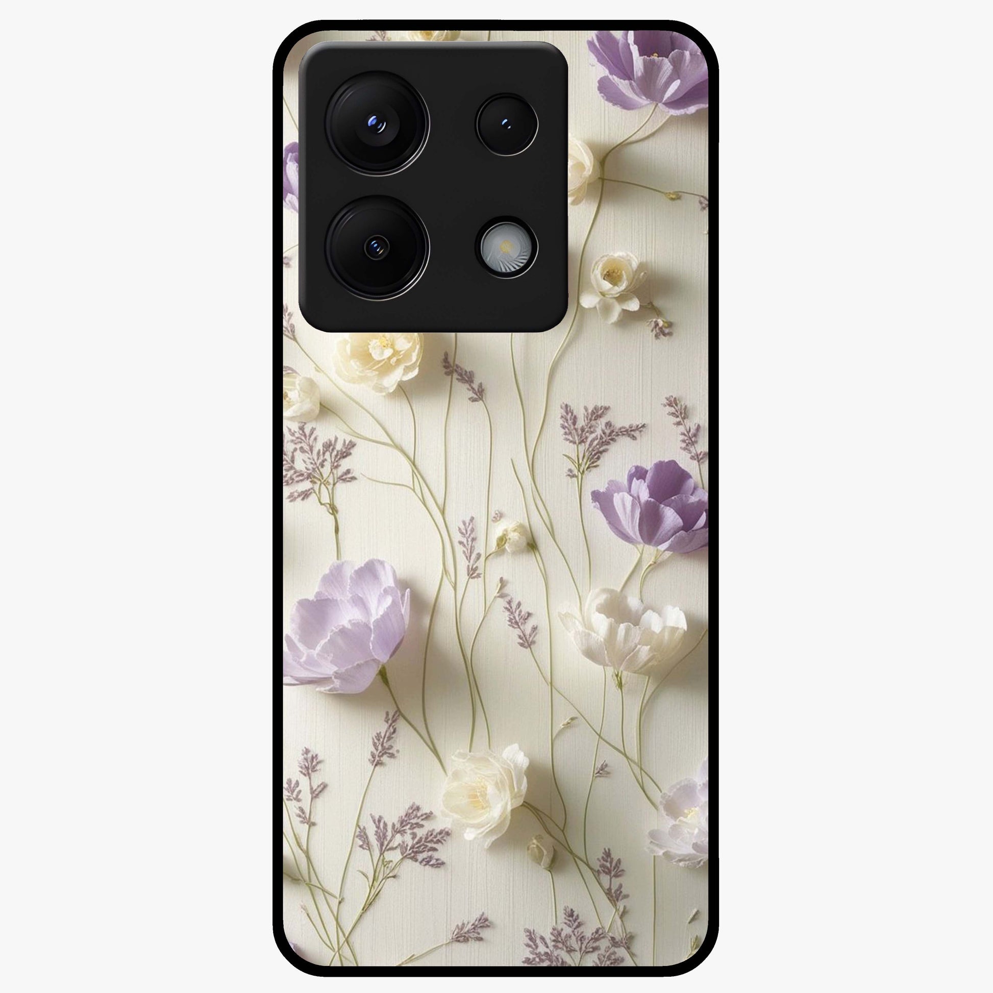 Lilac Breeze Harmony Glass Case showing flat back view with soft lilac themed artwork and glossy glass finish.