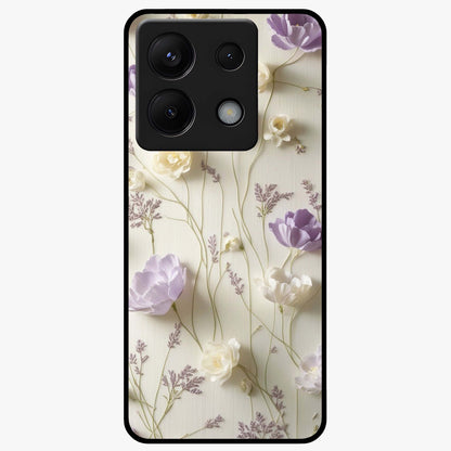 Lilac Breeze Harmony Glass Case showing flat back view with soft lilac themed artwork and glossy glass finish.