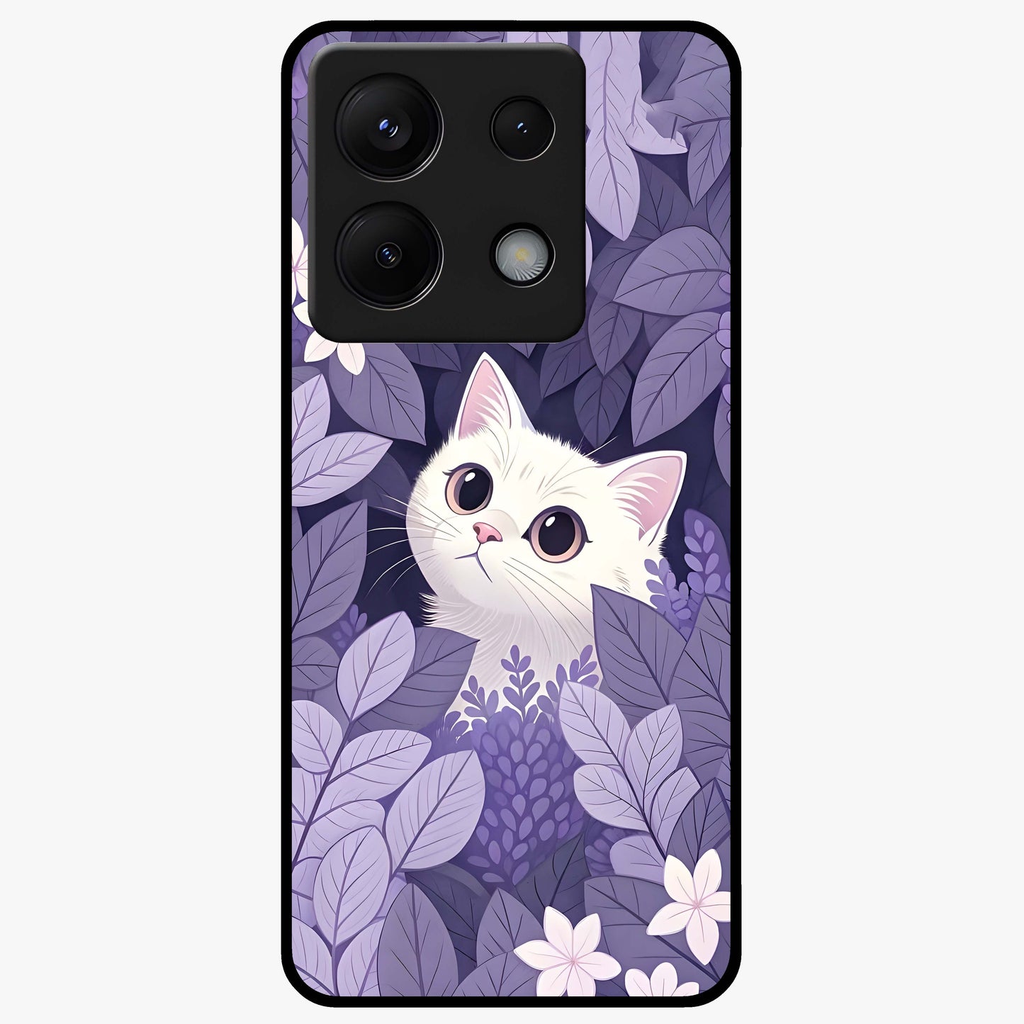 Lilac Hide Peek Cat Glass Case showing flat back view with cute peeking cat artwork and glossy glass finish.