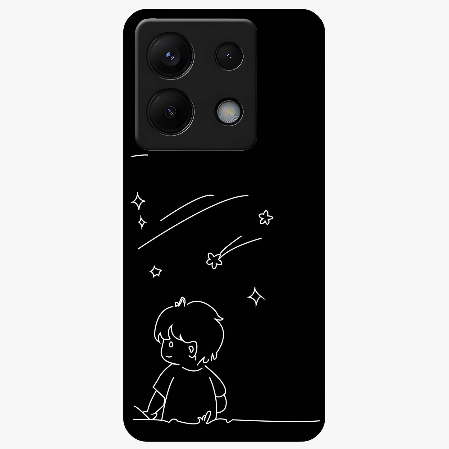 Line Art Boy With Shooting Stars Glass Case showing flat back view with minimal line art boy and shooting stars illustration and glossy glass finish.