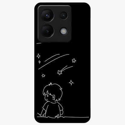 Line Art Boy With Shooting Stars Glass Case showing flat back view with minimal line art boy and shooting stars illustration and glossy glass finish.