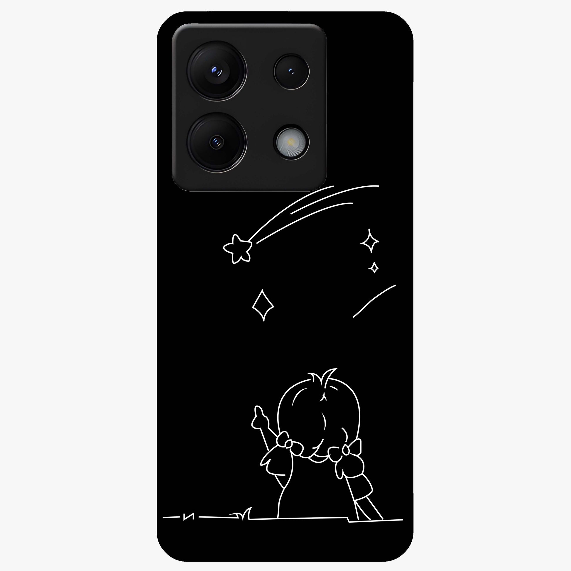 Line Art Girl With Shooting Stars Glass Case showing flat back view with minimal line art girl and shooting stars illustration and glossy glass finish.