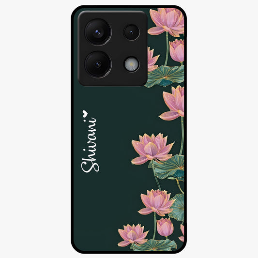 Lotus Bloom Serenity Custom Name Glass Case showing flat back view with elegant lotus flower artwork and personalized name design.