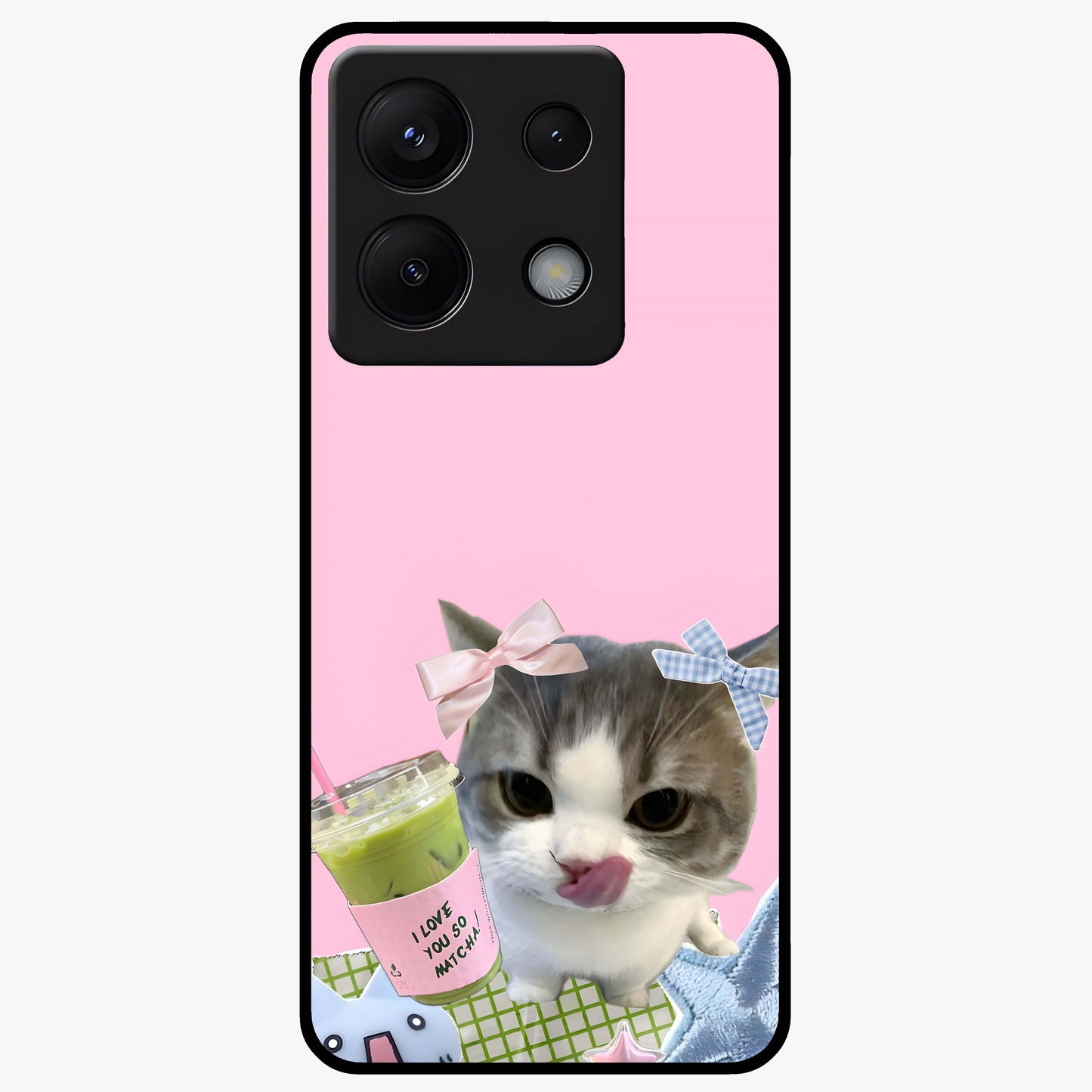 Love Matcha Cat Glass Case showing flat back view with cute cat and matcha themed artwork and glossy glass finish.
