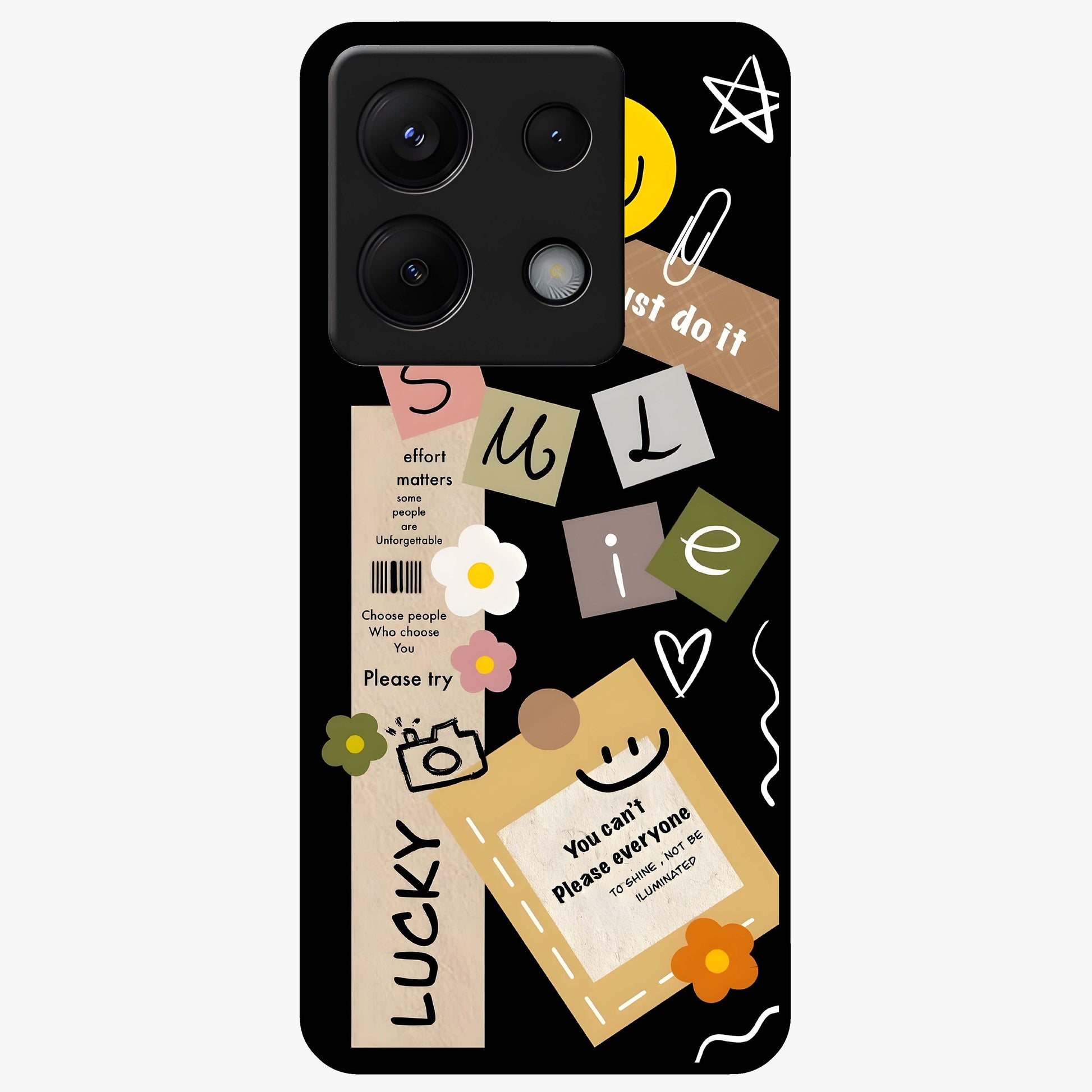 Lucky Aesthetic Collage Glass Case showing flat back view with trendy aesthetic collage artwork and glossy glass finish.