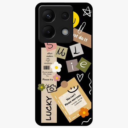 Lucky Aesthetic Collage Glass Case showing flat back view with trendy aesthetic collage artwork and glossy glass finish.