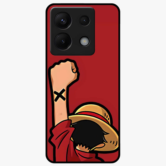 Luffy X Spirit Glass Case showing flat back view with bold anime character artwork and glossy glass finish.