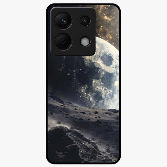 Lunar Horizon Glow Glass Case showing flat back view with glowing moon horizon artwork and glossy glass finish.
