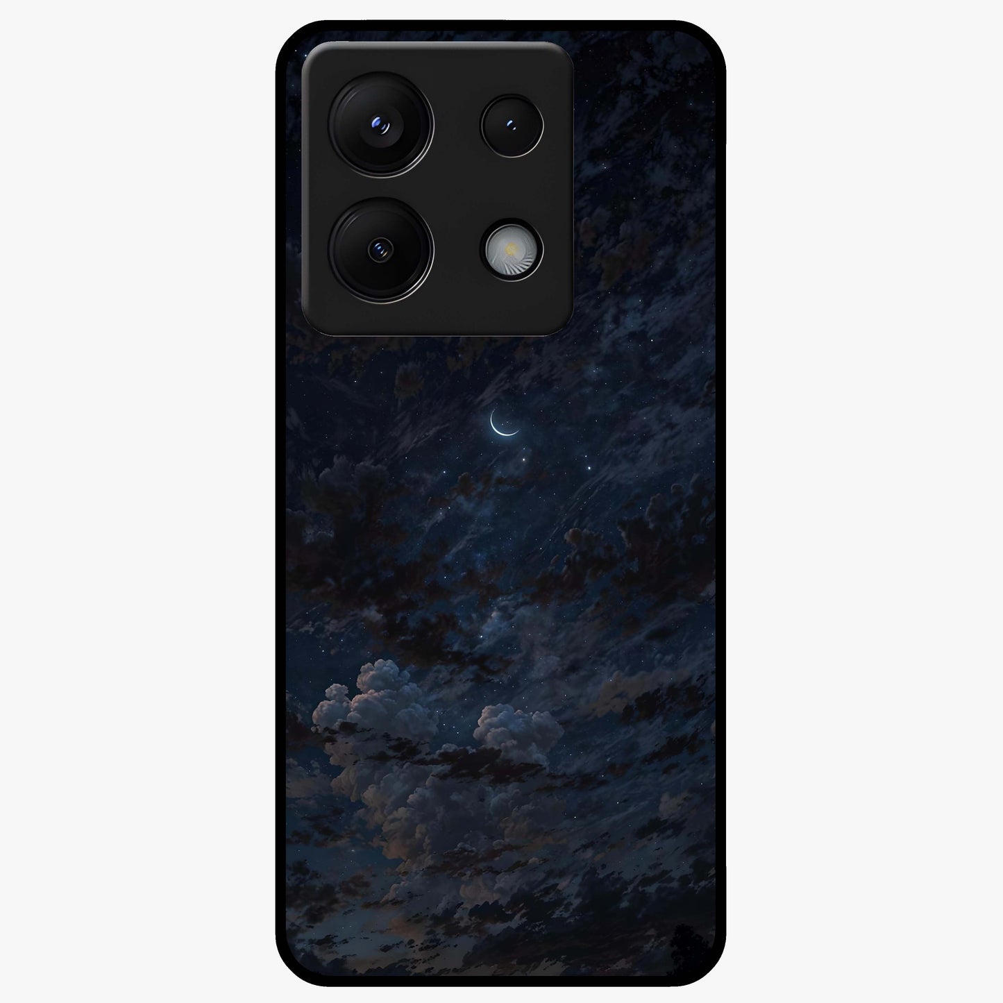 Lunar Veil Silence Glass Case showing flat back view with mystical moon veil artwork and glossy glass finish.