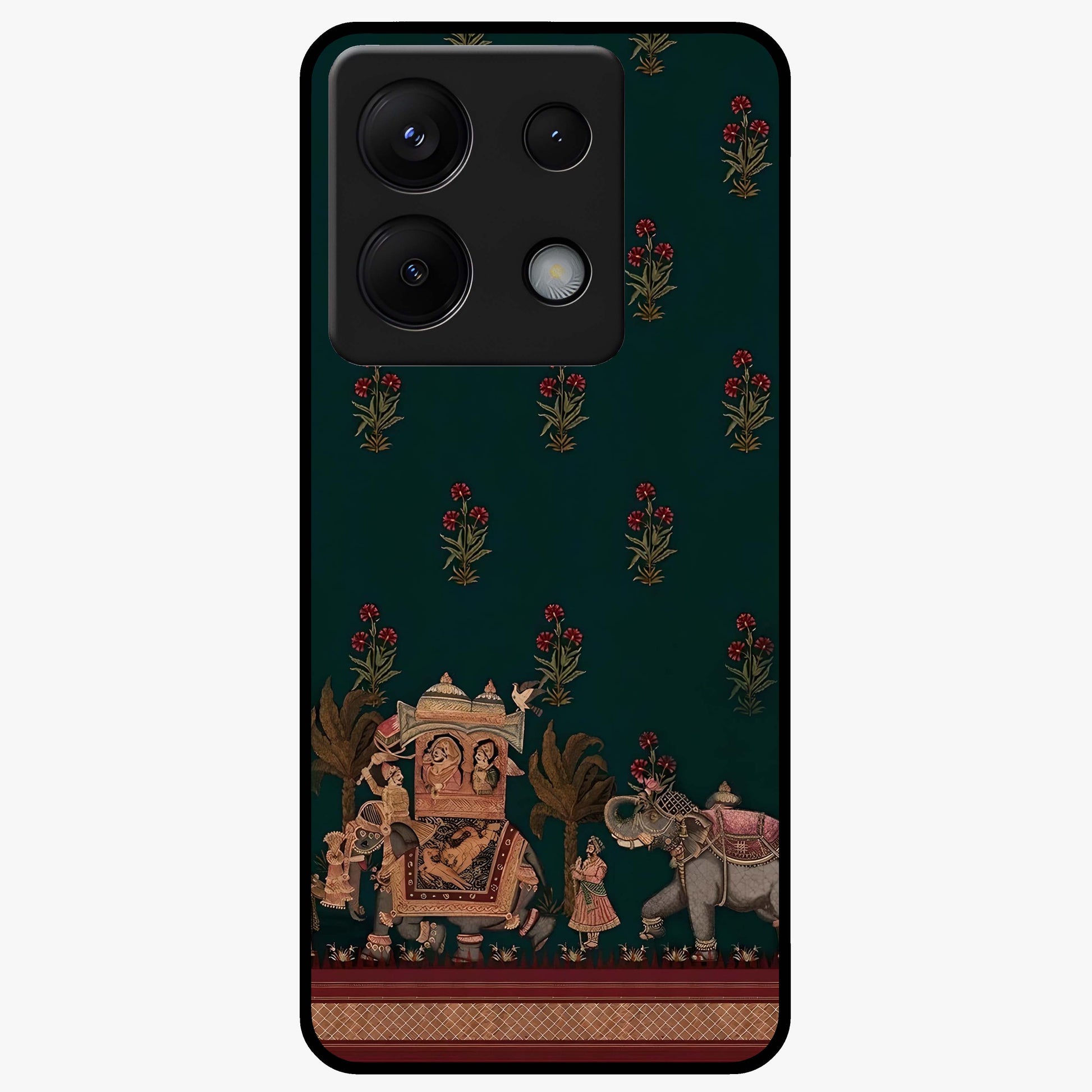 Macmerise Glass Case showing flat back view with stylish modern artwork and glossy glass finish.