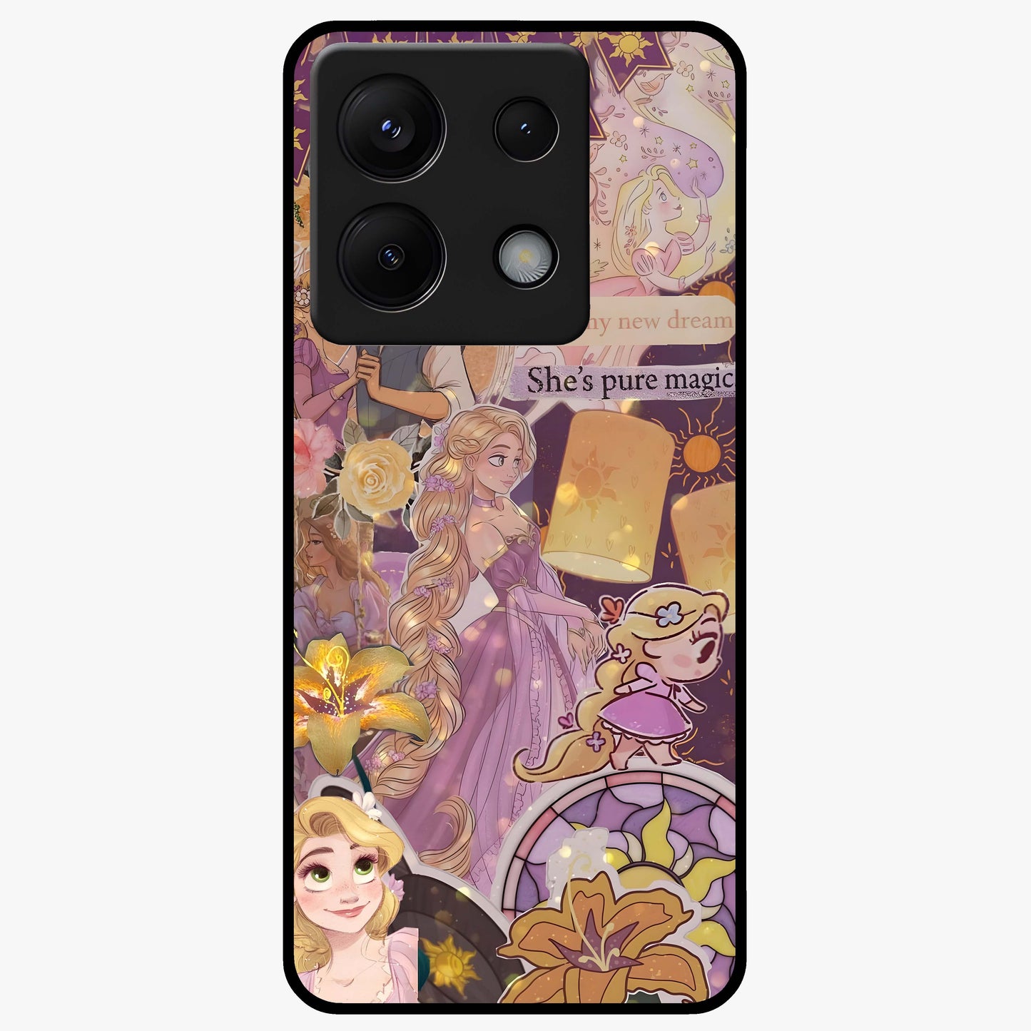 Magical Tangled Dream Glass Case showing flat back view with dreamy tangled artwork and glossy glass finish.