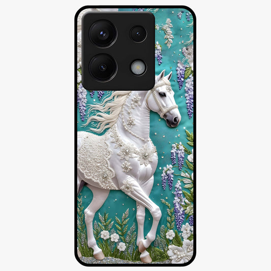 Majestic Floral Stallion Glass Case showing flat back view with powerful horse and floral artwork and glossy glass finish.