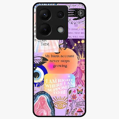 Manifestation Collage Glass Case showing flat back view with motivational collage artwork and glossy glass finish.