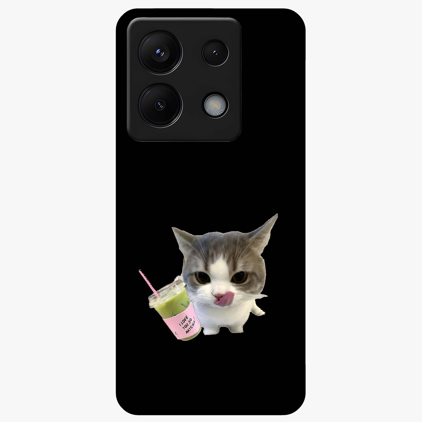 Matcha Cat Style Glass Case showing flat back view with cute matcha themed cat artwork and glossy glass finish.
