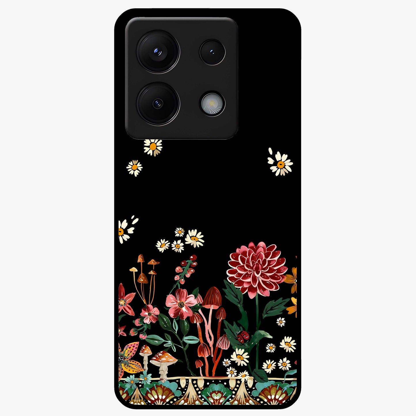 Midnight Bloom Pattern Glass Case showing flat back view with dark floral pattern artwork and glossy glass finish.