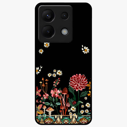Midnight Bloom Pattern Glass Case showing flat back view with dark floral pattern artwork and glossy glass finish.