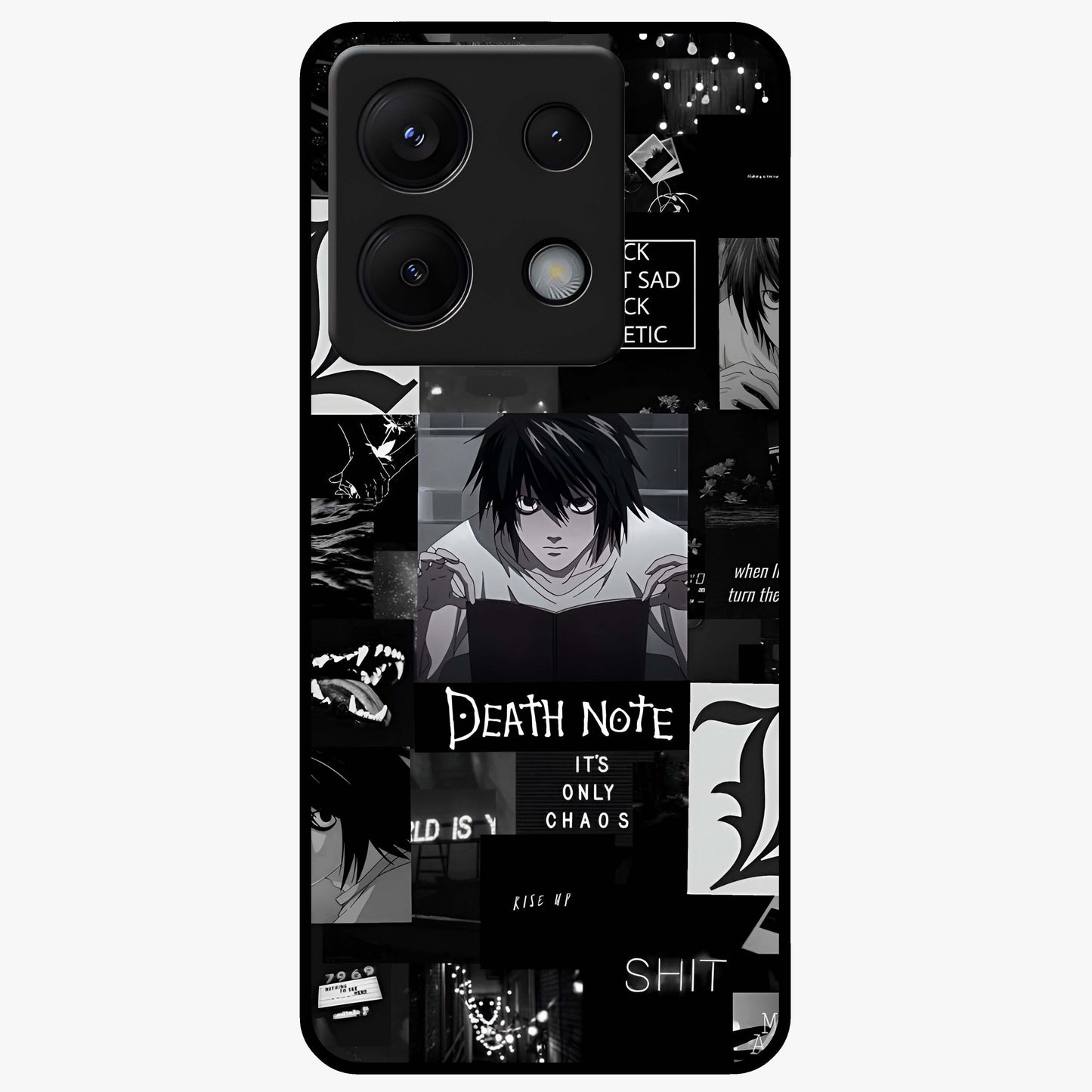 Midnight Chaos Mind Glass Case showing flat back view with abstract dark themed artwork and glossy glass finish.