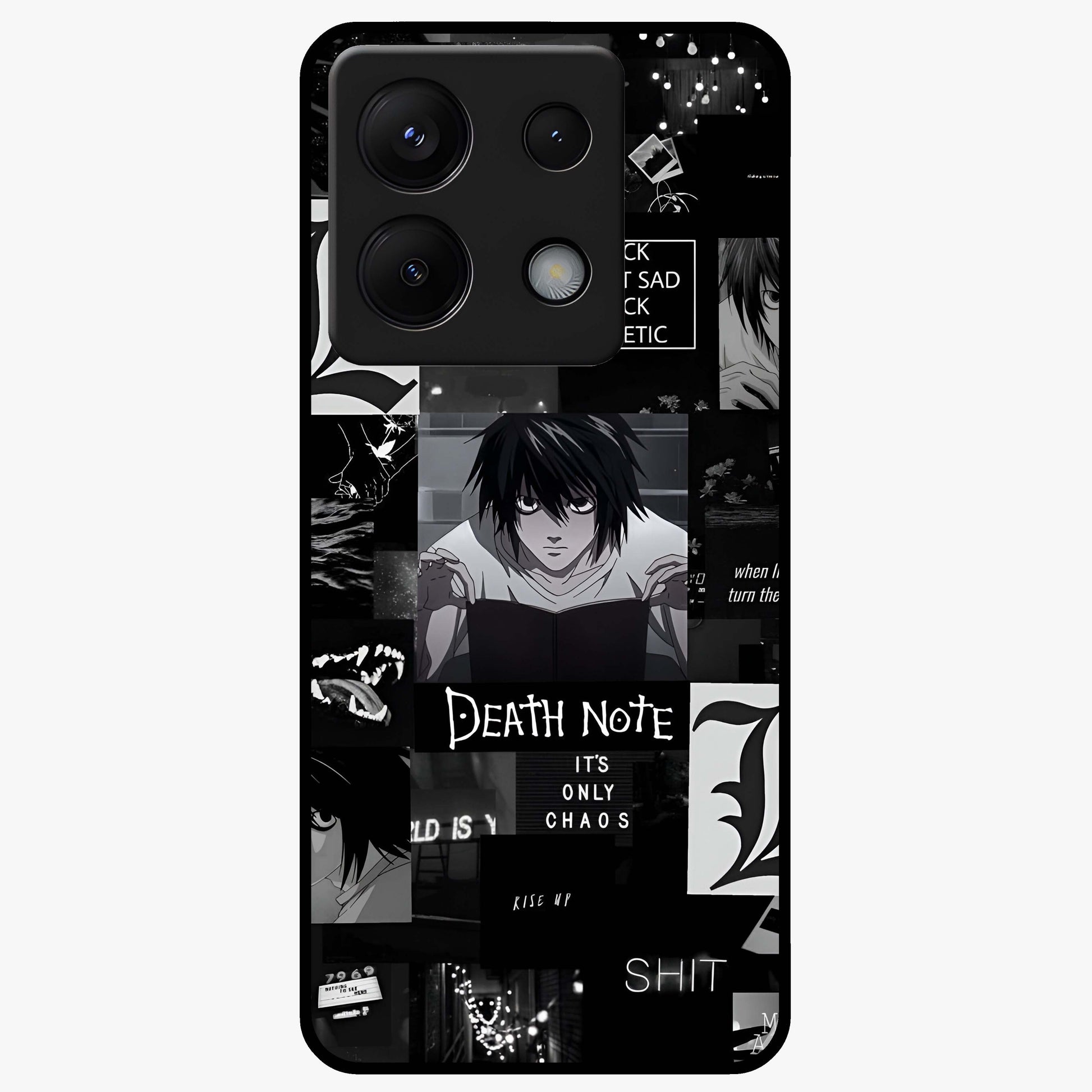 Midnight Chaos Mind Glass Case showing flat back view with abstract dark themed artwork and glossy glass finish.