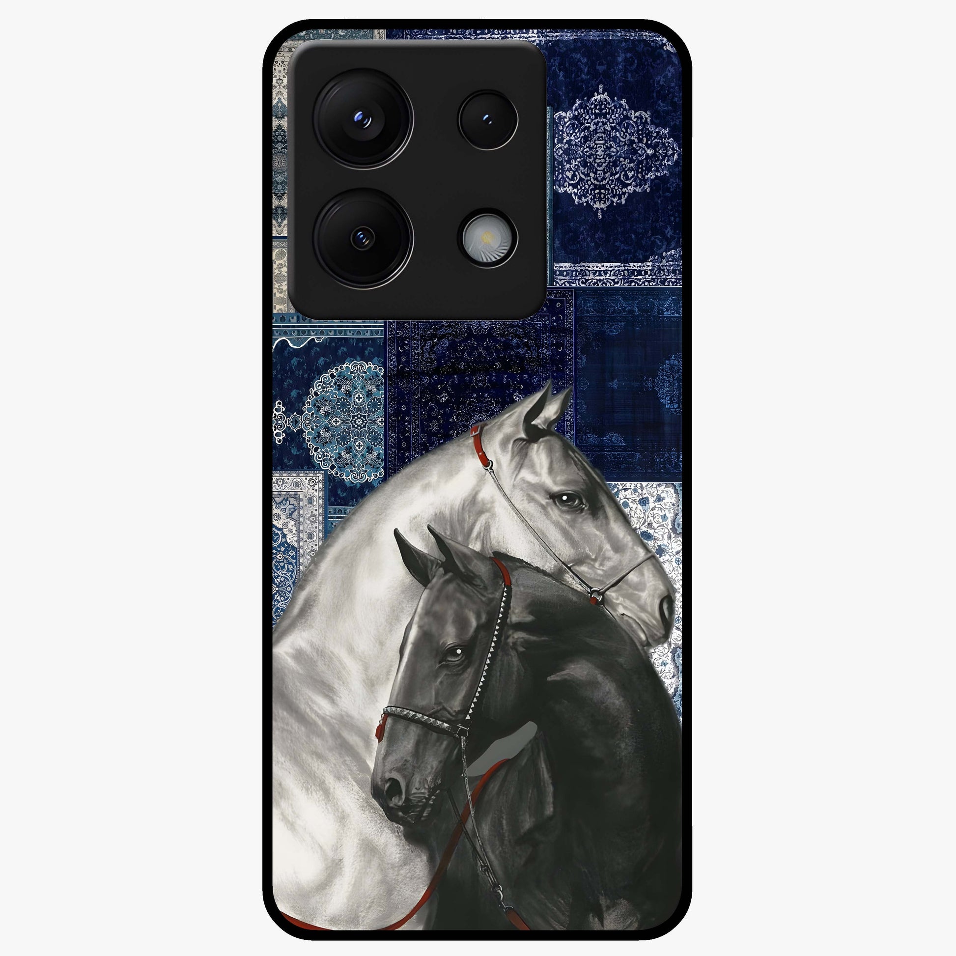 Midnight Stallion Blues Glass Case showing flat back view with majestic horse artwork and glossy glass finish.