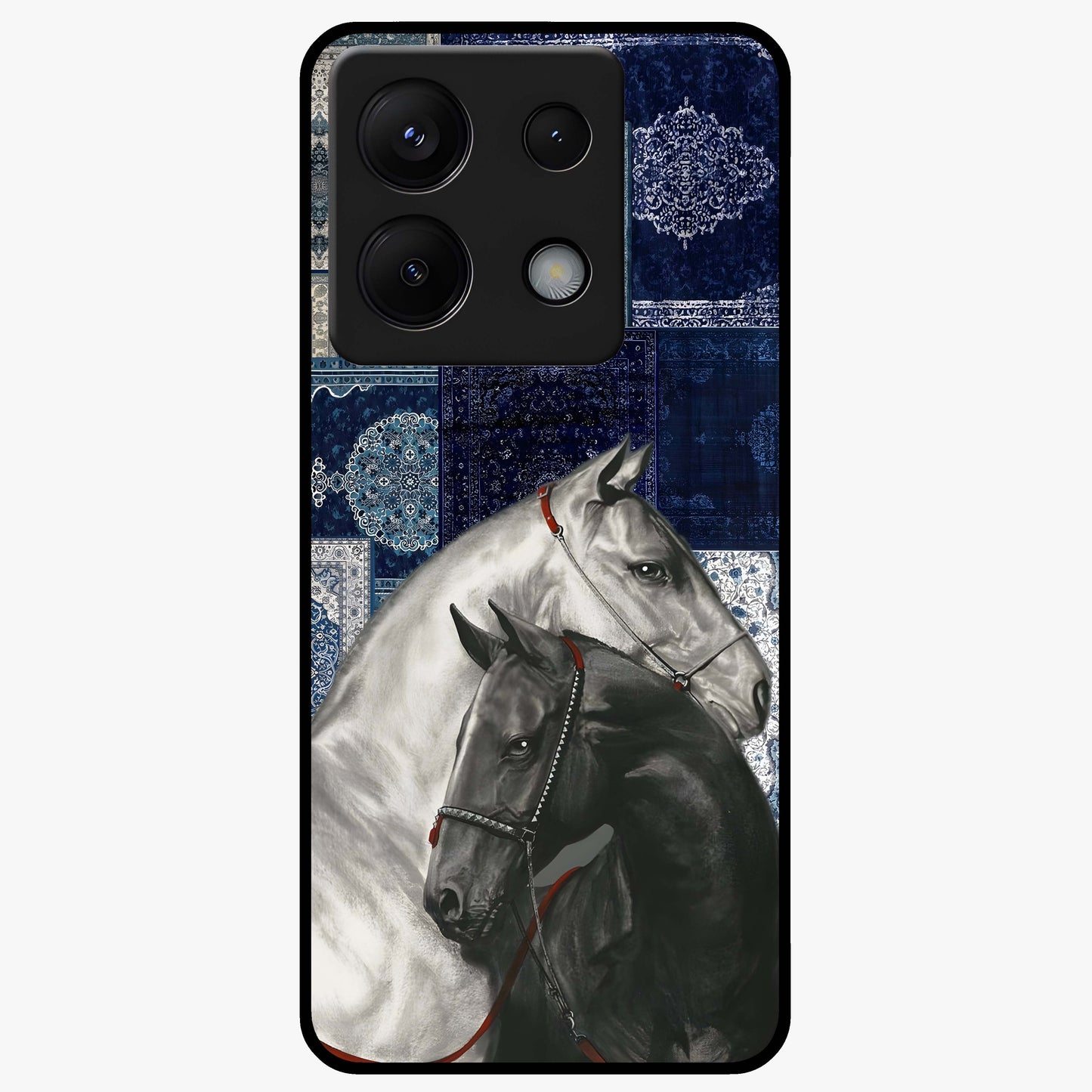 Midnight Stallion Blues Glass Case showing flat back view with majestic horse artwork and glossy glass finish.