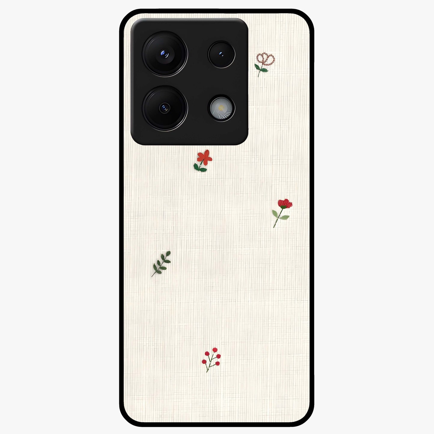 Minimal Petal Whispers Glass Case showing flat back view with soft minimal floral artwork and glossy glass finish.