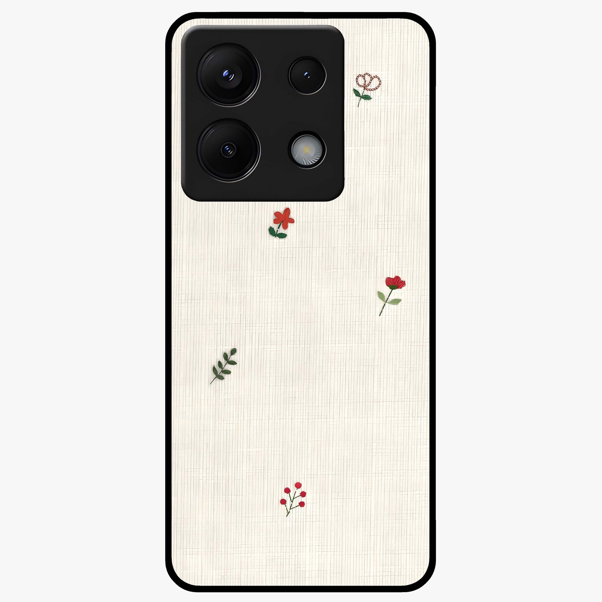 Minimal Petal Whispers Glass Case showing flat back view with soft minimal floral artwork and glossy glass finish.