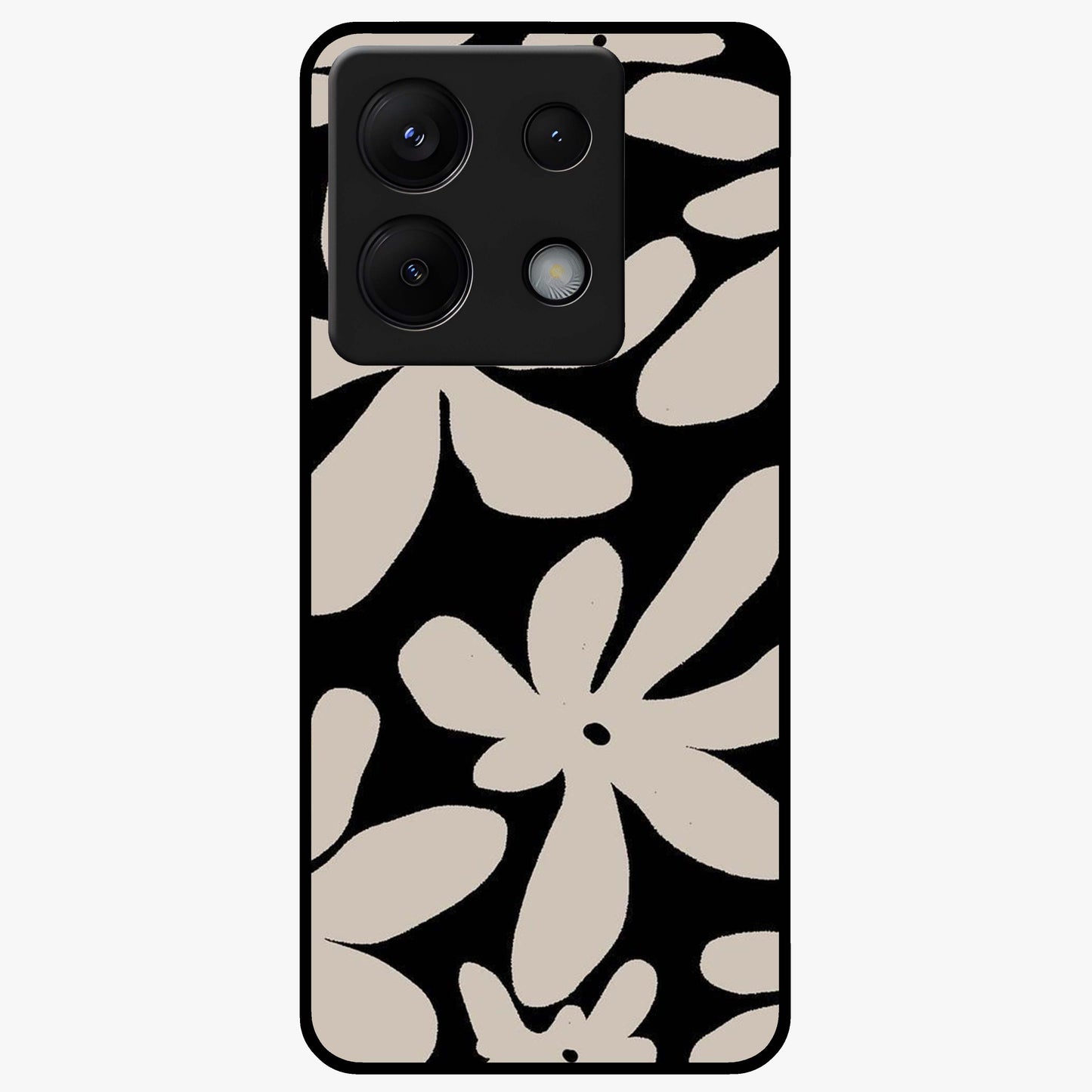 Monochrome Petal Dance Glass Case showing flat back view with monochrome floral artwork and glossy glass finish.