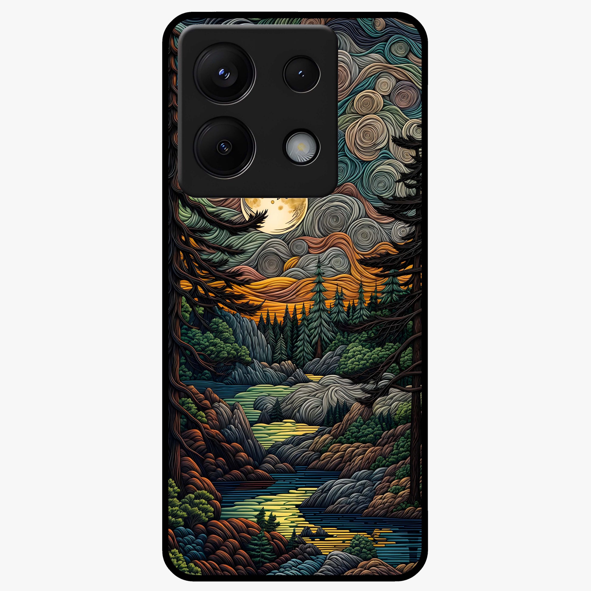 Moonlight Forest Dream Glass Case showing flat back view with mystical forest moonlight artwork and glossy glass finish.