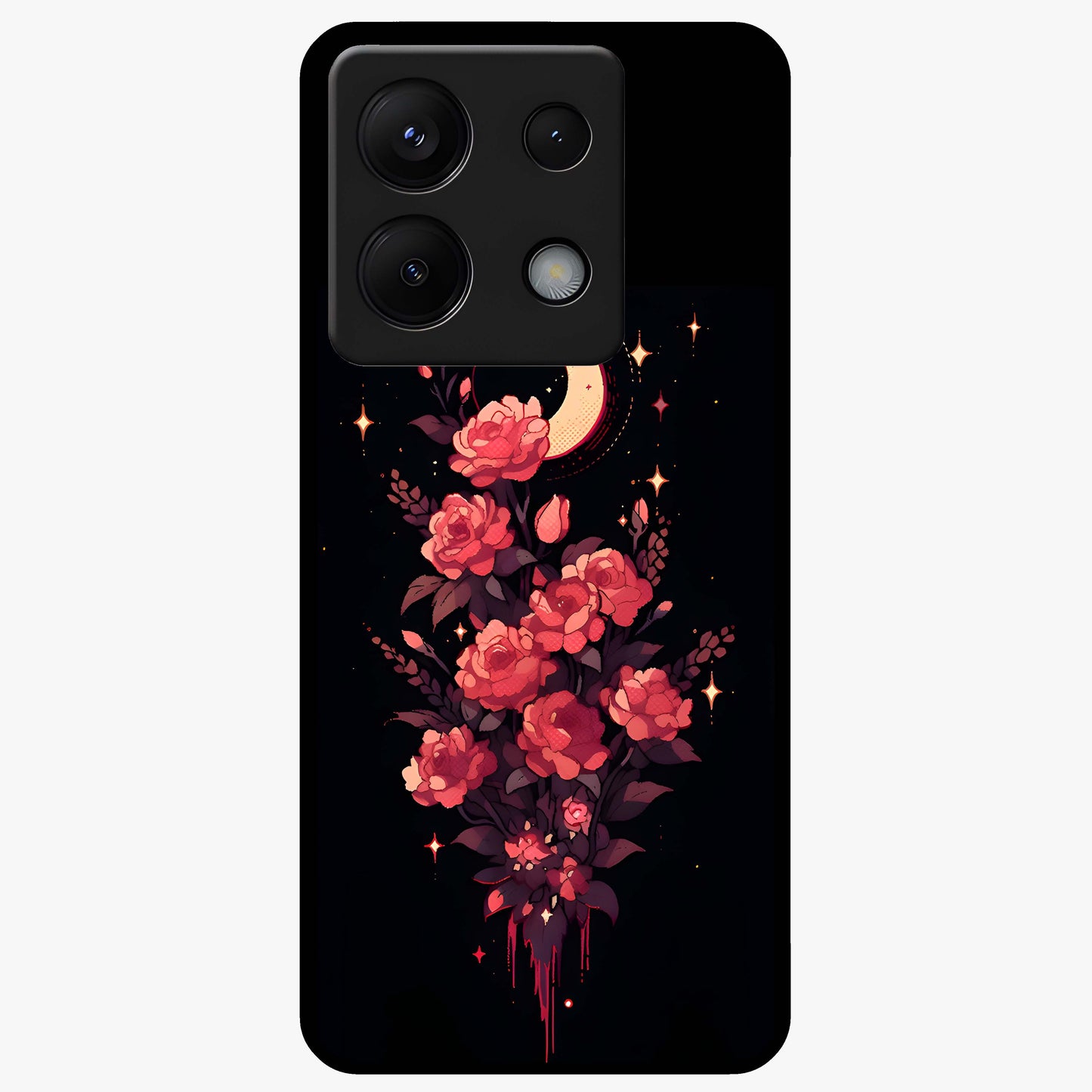 Moonlit Floral Elegance Glass Case showing flat back view with elegant floral artwork under moonlit tones and glossy glass finish.