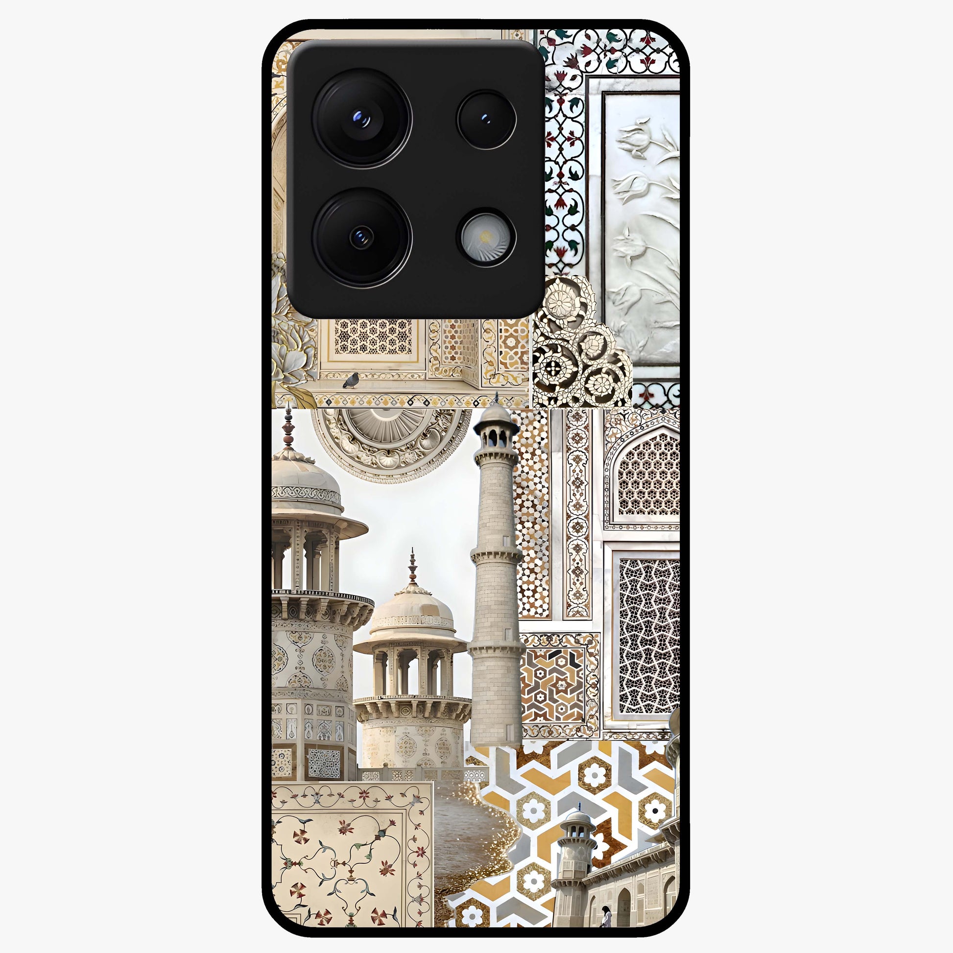 Mughal Marble Legacy Glass Case showing flat back view with intricate Mughal inspired marble pattern and glossy glass finish.