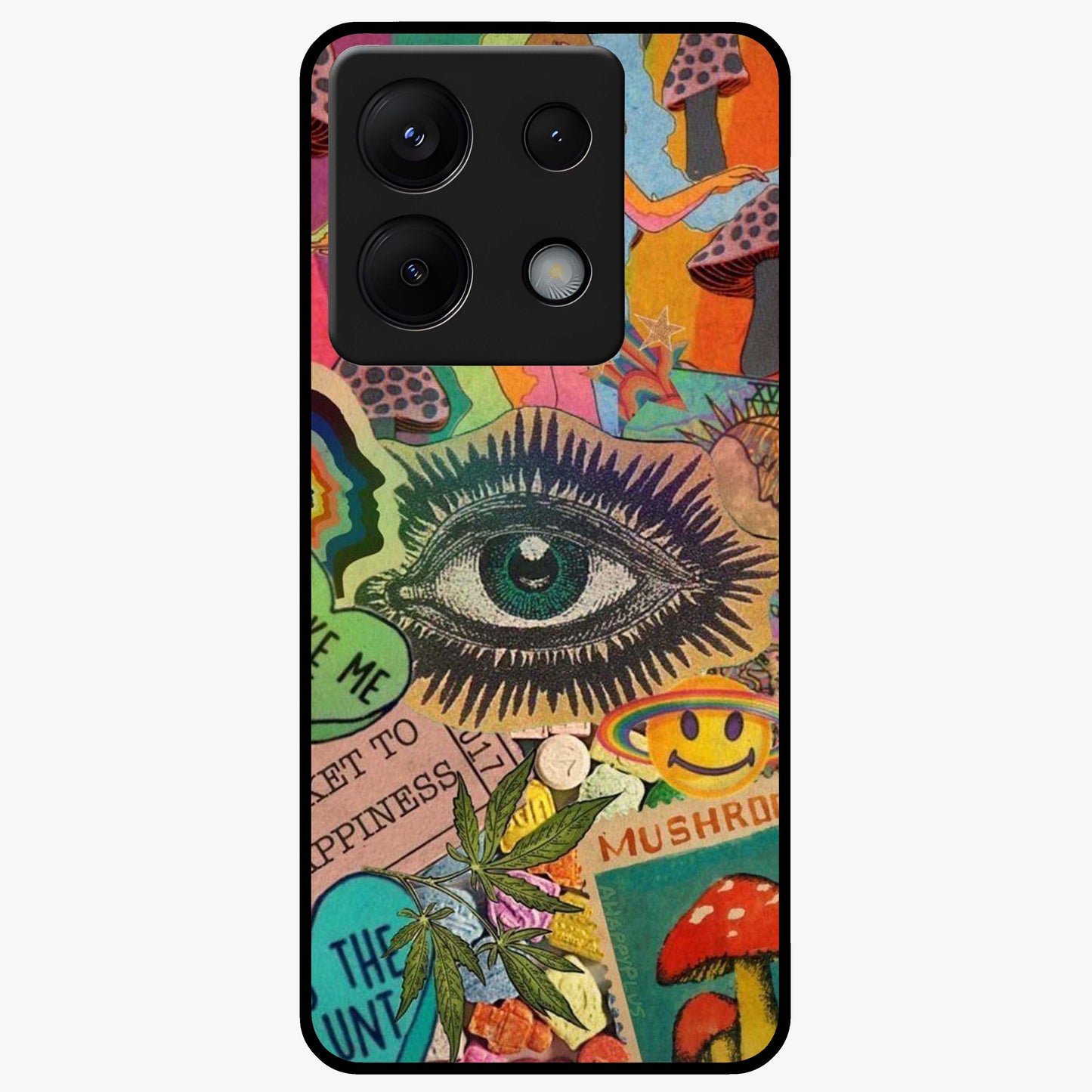 Mystic Eye Wonderland Glass Case showing flat back view with mystical eye themed artwork and glossy glass finish.