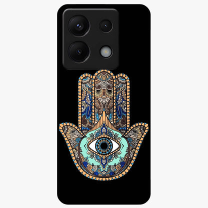 Mystic Hamsa Eye Glass Case showing flat back view with protective hamsa hand and evil eye artwork and glossy glass finish.