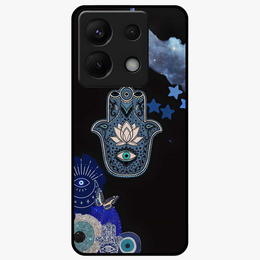 Mystic Hand Aura Glass Case showing flat back view with mystical hand symbol artwork and glossy glass finish.