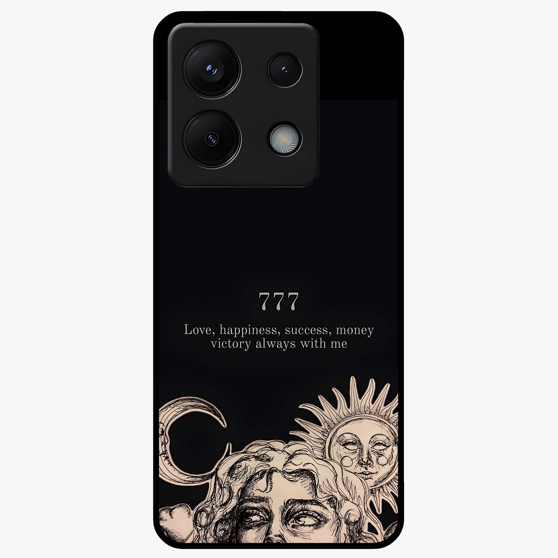 Mystic Victory Aura Glass Case showing flat back view with victory symbol artwork and glossy glass finish.