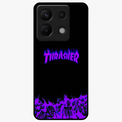 Neon Flame Riot Glass Case showing flat back view with neon flame artwork and glossy glass finish.