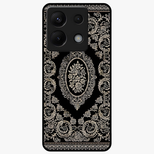 Noir Bloom Elegance Glass Case showing flat back view with elegant dark floral artwork and glossy glass finish.