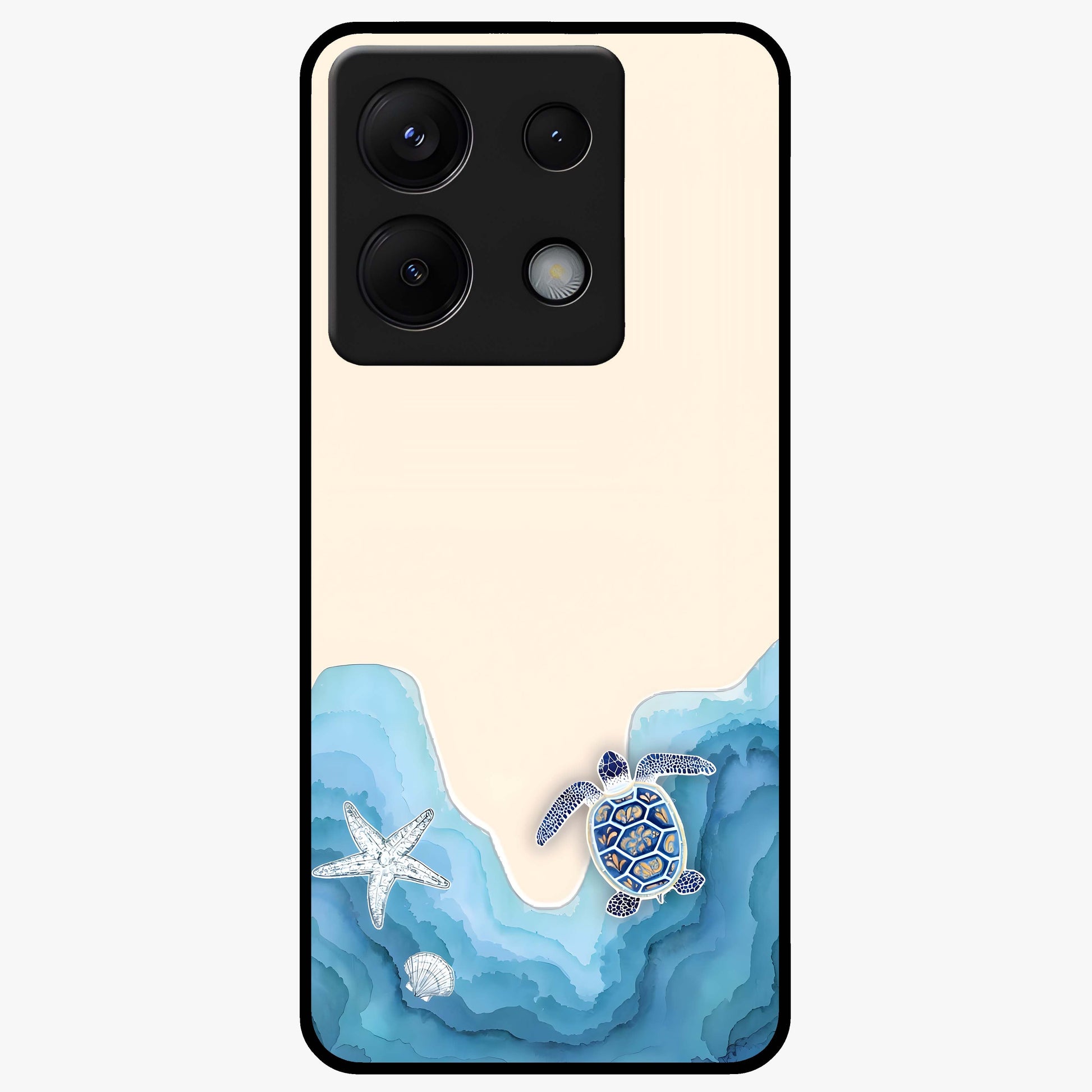 Ocean Drift Turtle Glass Case showing flat back view with sea turtle artwork and glossy glass finish.