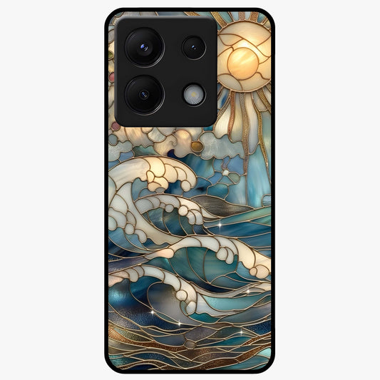 Oceanic Stained Printed Glass Case showing flat back view with ocean inspired stained pattern artwork and glossy glass finish.
