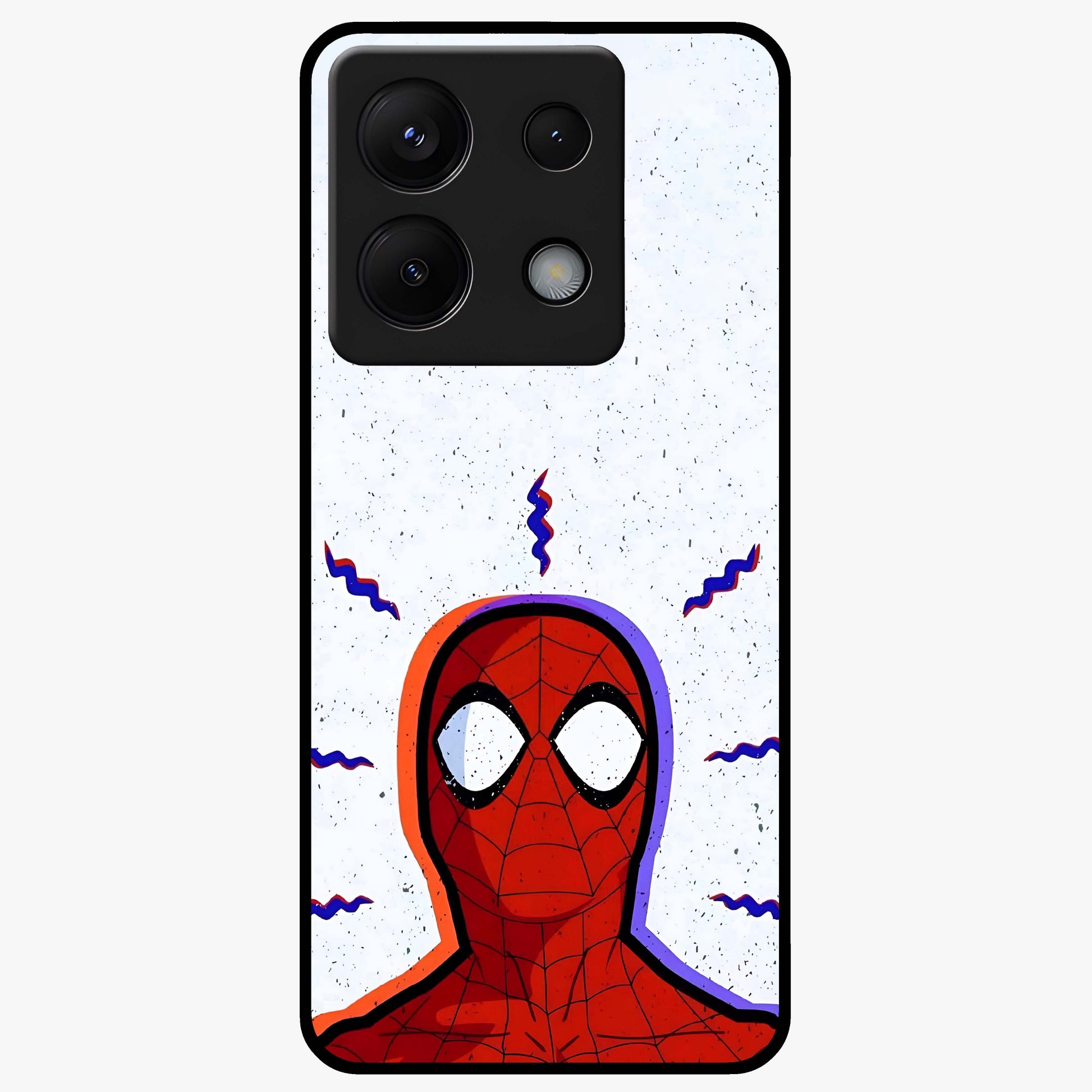 Omg Spiderman Glass Case showing flat back view with bold superhero inspired artwork and glossy glass finish.