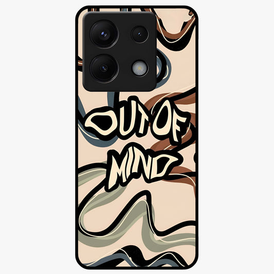 Out Of Mind Glass Case showing flat back view with expressive typography artwork and glossy glass finish.