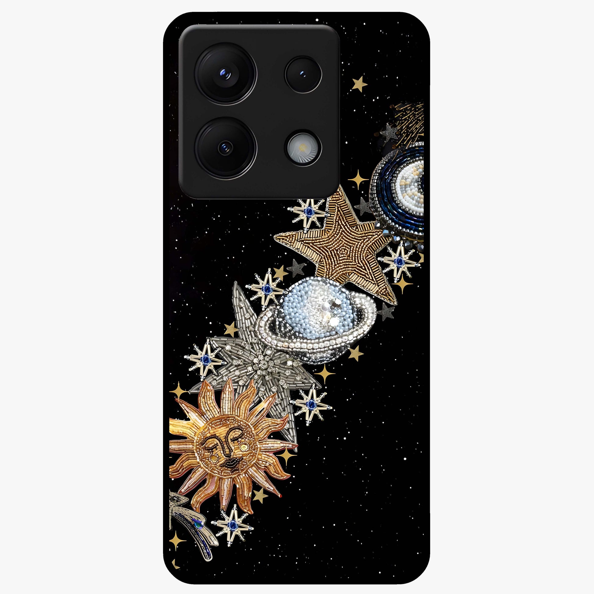 Pearls Universe Object Glass Case showing flat back view with pearl inspired cosmic artwork and glossy glass finish.