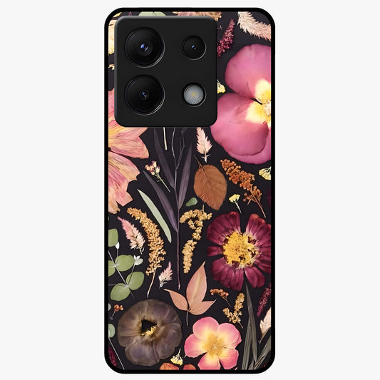 Petal Dream Tapestry Glass Case showing flat back view with intricate floral tapestry artwork and glossy glass finish.