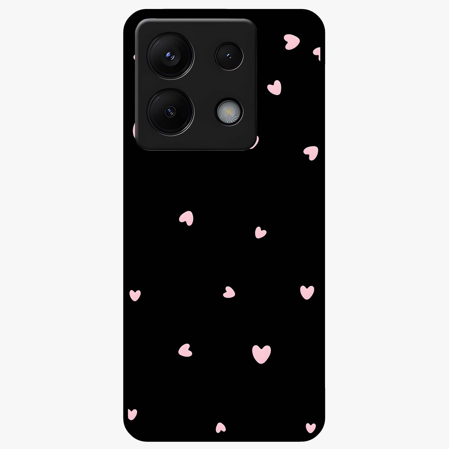 Pink Love Drops Glass Case showing flat back view with playful pink heart drops artwork and glossy glass finish.