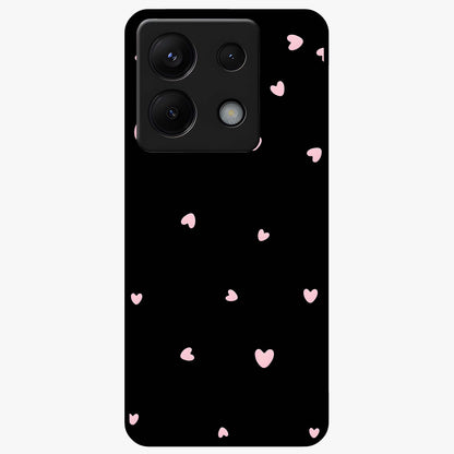Pink Love Drops Glass Case showing flat back view with playful pink heart drops artwork and glossy glass finish.