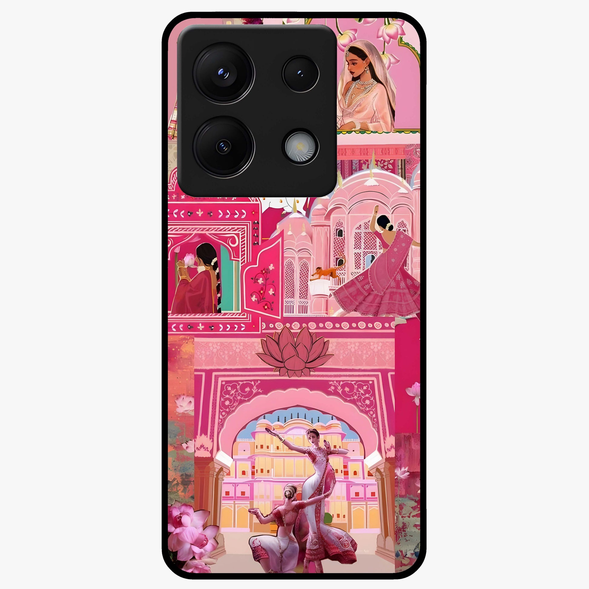 Pink Palace Muse Glass Case showing flat back view with elegant palace inspired artwork and glossy glass finish.