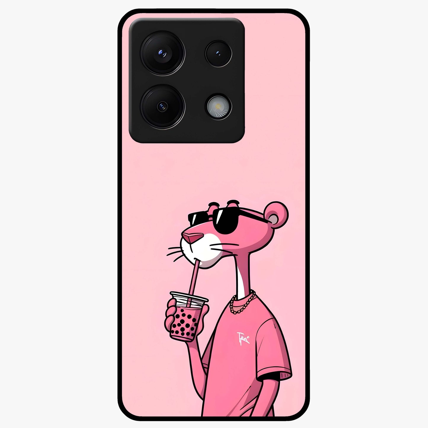 Pink Panther Glass Case showing flat back view with iconic pink panther artwork and glossy glass finish.