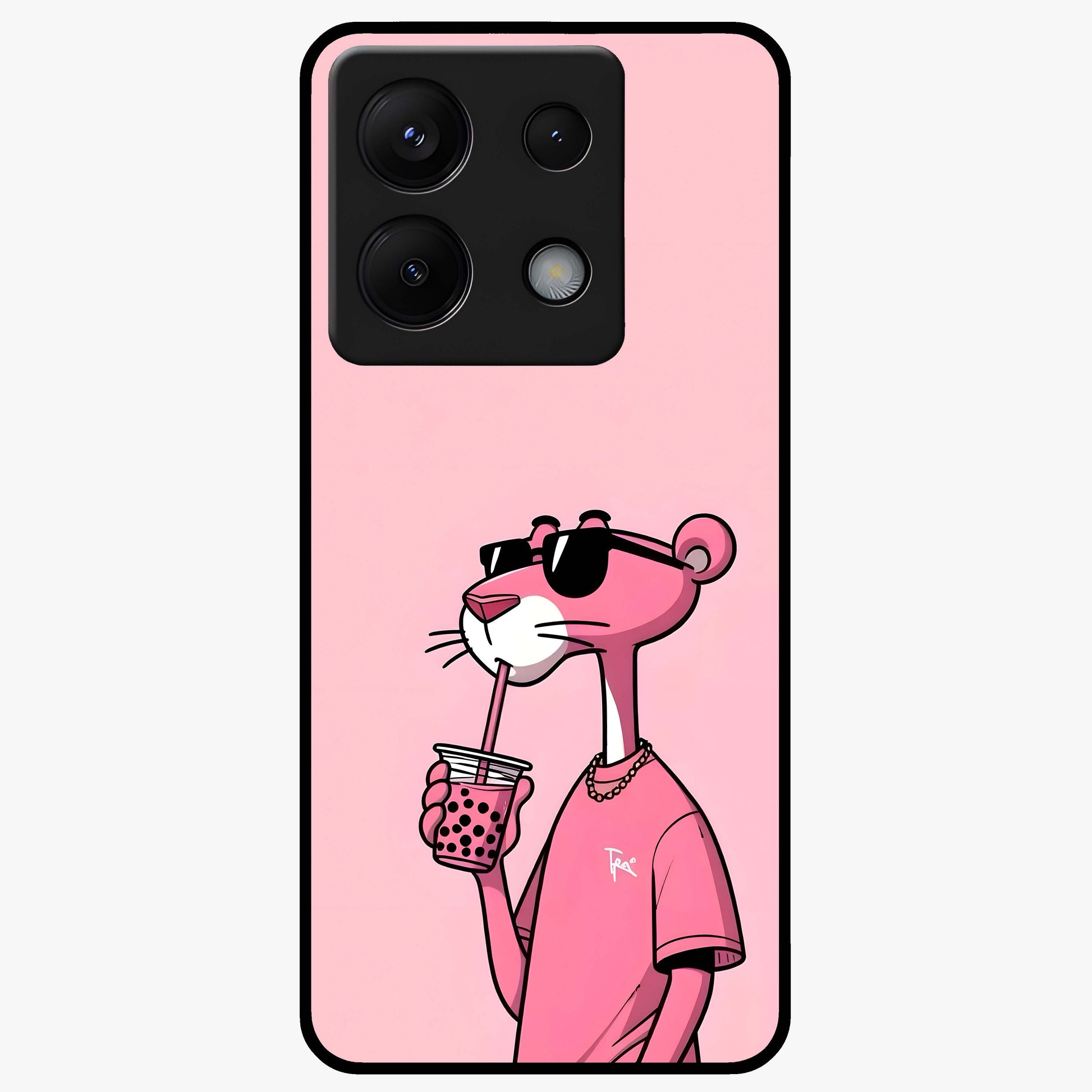 Pink Panther Glass Case showing flat back view with iconic pink panther artwork and glossy glass finish.